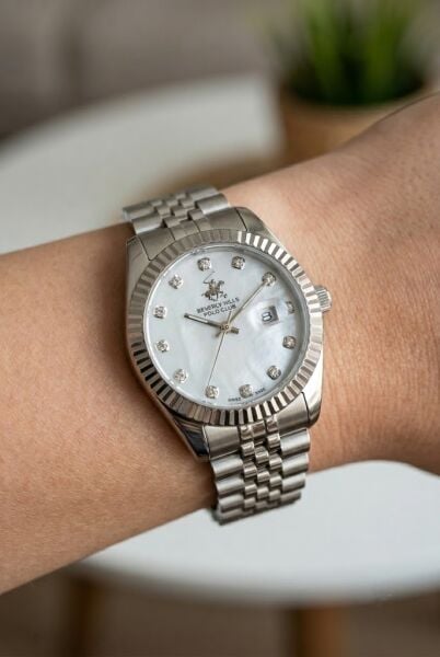Beverly Hills Polo Club Gümüş Yuvarlak Kasa Kadın Kol Saati | 30 mm Çelik Kasa, Sedef Kadran