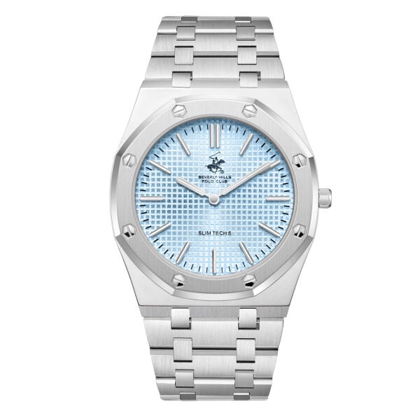 Beverly Hills Polo Club Gümüş Geometrik Kasa Erkek Kol Saati | 39 mm Çelik Kasa, Açık Mavi Kadran