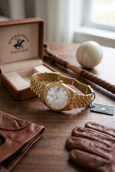 Beverly Hills Polo Club Kadın Kol Saati | 30 mm Çelik Kasa, Altın Çelik Kordon, Sedef Kadran