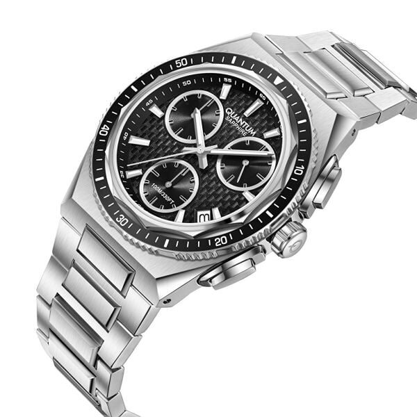Quantum Silver Yuvarlak Kasa Erkek Kol Saati | 41.5 mm Kasa, Gümüş Çelik Kordon, Siyah Kadran
