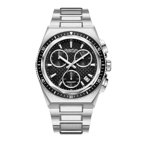 Quantum Silver Yuvarlak Kasa Erkek Kol Saati | 41.5 mm Kasa, Gümüş Çelik Kordon, Siyah Kadran