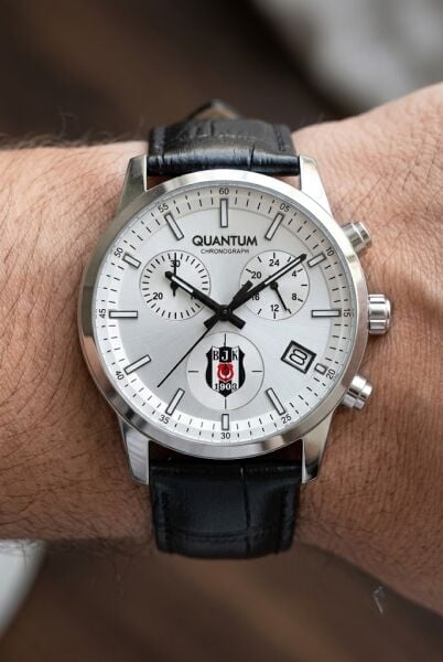 Quantum Beşiktaş Taraftar Erkek Kol Saati | 42 mm Paslanmaz Çelik Kasa, Siyah Deri Kordon