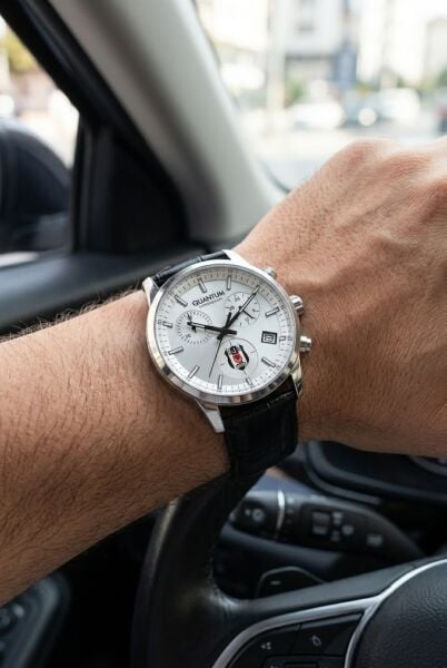Quantum Beşiktaş Taraftar Erkek Kol Saati | 42 mm Paslanmaz Çelik Kasa, Siyah Deri Kordon