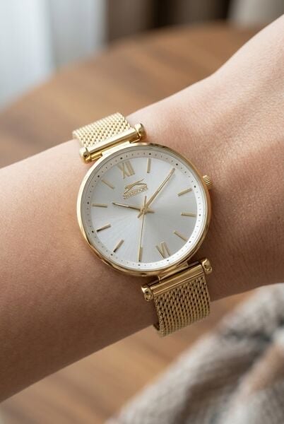 Slazenger Altın Kadın Kol Saati | 31 mm Yuvarlak Kasa, Hasır Kordon, Gümüş Kadran