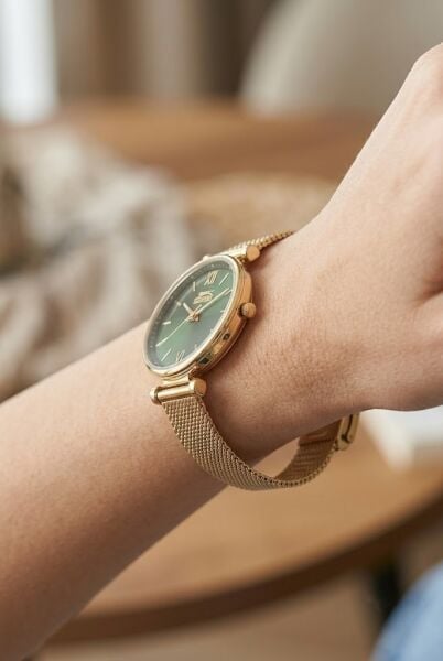 Slazenger Altın Kadın Kol Saati | 31 mm Yuvarlak Kasa, Hasır Kordon, Yeşil Kadran