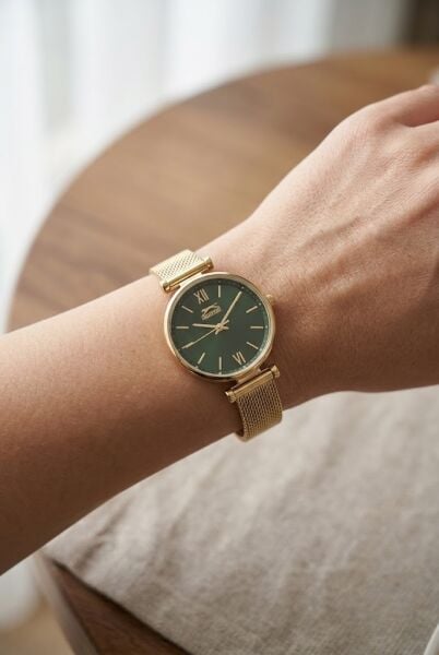 Slazenger Altın Kadın Kol Saati | 31 mm Yuvarlak Kasa, Hasır Kordon, Yeşil Kadran