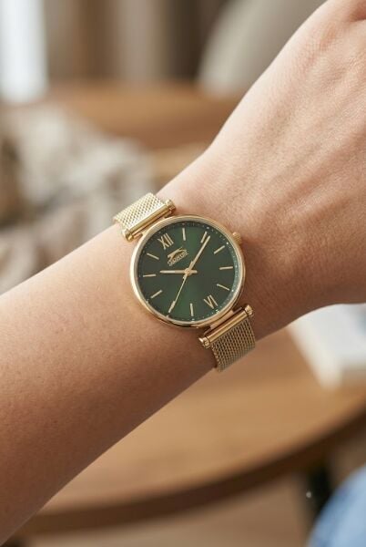 Slazenger Altın Kadın Kol Saati | 31 mm Yuvarlak Kasa, Hasır Kordon, Yeşil Kadran