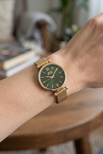 Slazenger Altın Kadın Kol Saati | 31 mm Yuvarlak Kasa, Hasır Kordon, Yeşil Kadran