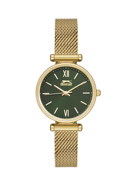 Slazenger Altın Kadın Kol Saati | 31 mm Yuvarlak Kasa, Hasır Kordon, Yeşil Kadran