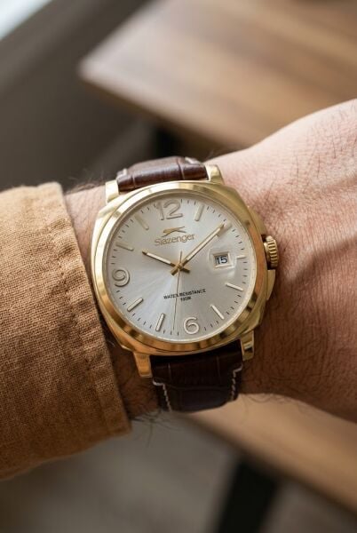 Slazenger Altın Kasa Erkek Kol Saati | 40 mm Kasa, Kahverengi Deri Kordon, Şık Tasarım
