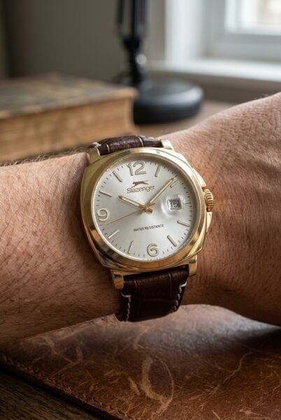 Slazenger Altın Kasa Erkek Kol Saati | 40 mm Kasa, Kahverengi Deri Kordon, Şık Tasarım