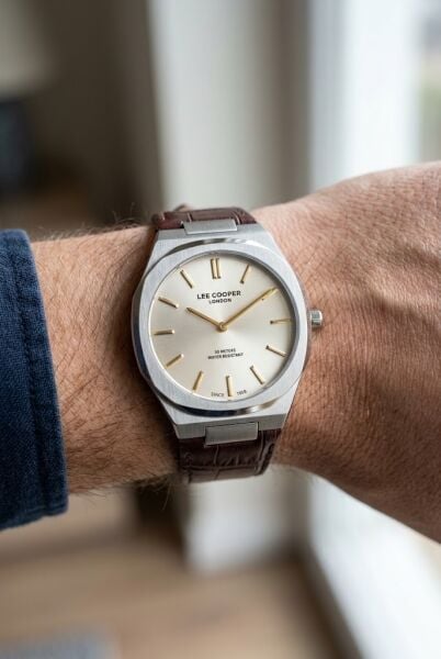 Lee Cooper Gümüş Kasa Erkek Kol Saati | 42 mm Paslanmaz Çelik Kasa, Kahverengi Deri Kordon