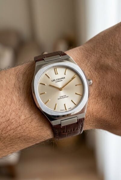 Lee Cooper Gümüş Kasa Erkek Kol Saati | 42 mm Paslanmaz Çelik Kasa, Kahverengi Deri Kordon