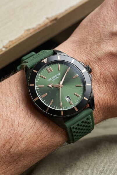 Lee Cooper Siyah-Yeşil Erkek Kol Saati | 45 mm Paslanmaz Çelik Kasa, Silikon Kordon