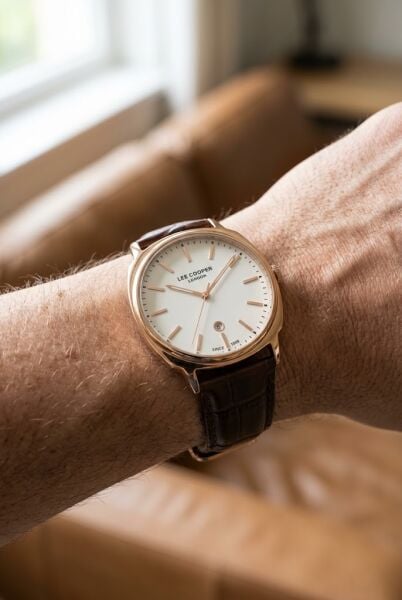 Lee Cooper Rosegold Erkek Kol Saati | 42 mm Paslanmaz Çelik Kasa, Kahverengi Deri Kordon