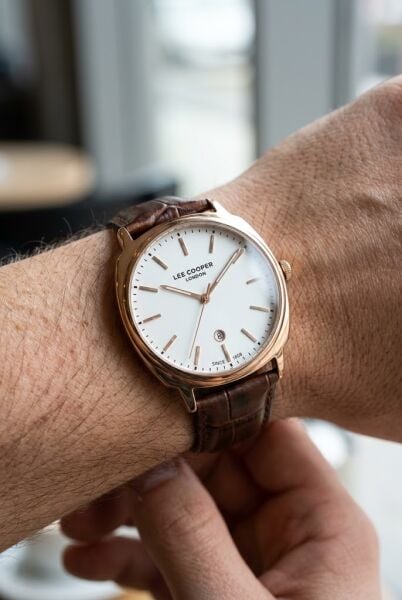 Lee Cooper Rosegold Erkek Kol Saati | 42 mm Paslanmaz Çelik Kasa, Kahverengi Deri Kordon