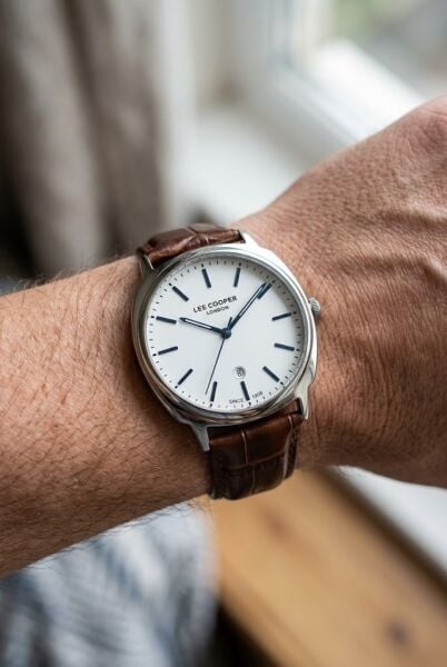 Lee Cooper Gümüş Kasa Erkek Kol Saati | 42 mm Paslanmaz Çelik Kasa, Kahverengi Deri Kordon