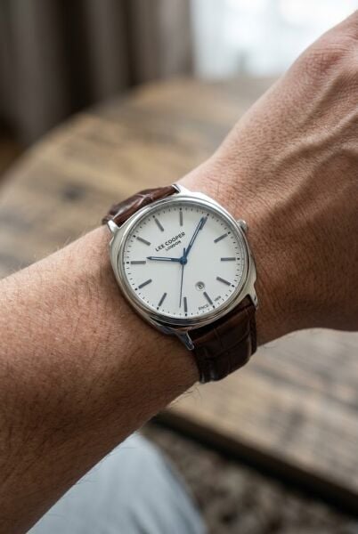Lee Cooper Gümüş Kasa Erkek Kol Saati | 42 mm Paslanmaz Çelik Kasa, Kahverengi Deri Kordon
