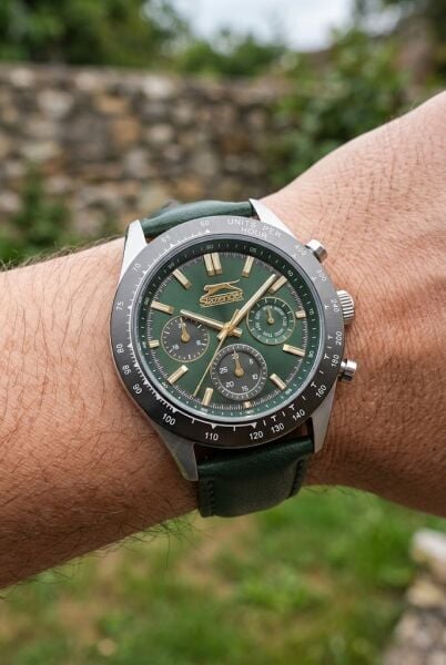 Slazenger Yeşil Deri Erkek Kol Saati | 45 mm Paslanmaz Çelik Kasa, Mineral Cam