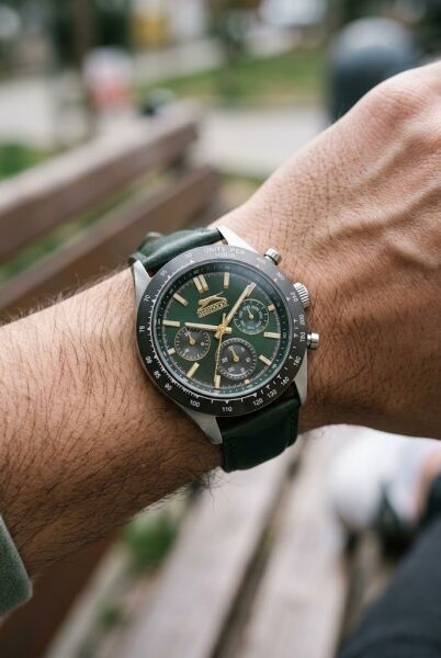 Slazenger Yeşil Deri Erkek Kol Saati | 45 mm Paslanmaz Çelik Kasa, Mineral Cam