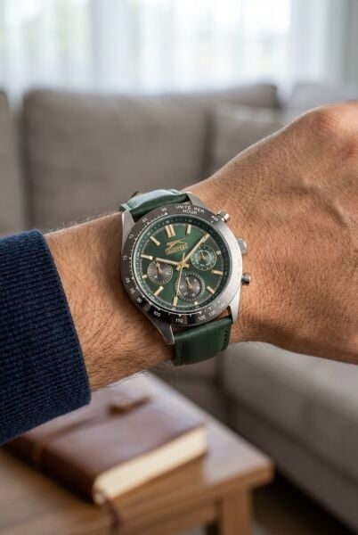 Slazenger Yeşil Deri Erkek Kol Saati | 45 mm Paslanmaz Çelik Kasa, Mineral Cam