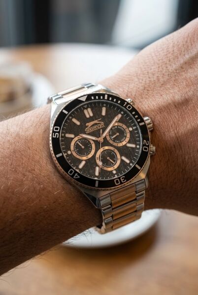 Slazenger Gümüş-Rosegold Erkek Kol Saati | 45 mm Çelik Kordon, Fosforlu İbreli