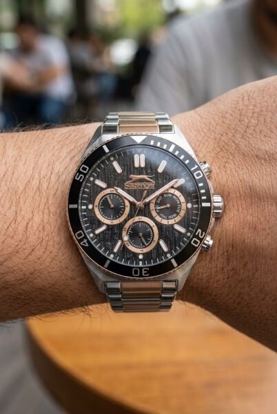 Slazenger Gümüş-Rosegold Erkek Kol Saati | 45 mm Çelik Kordon, Fosforlu İbreli