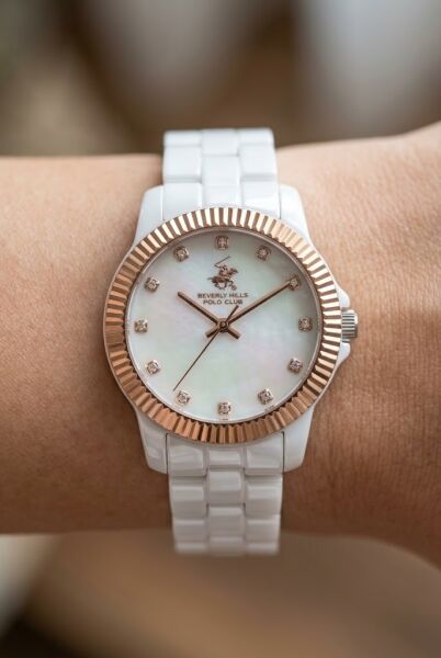 Beverly Hills Polo Club Beyaz Seramik Kadın Kol Saati | 36 mm Sedef Kadran