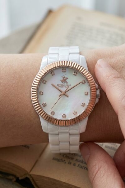 Beverly Hills Polo Club Beyaz Seramik Kadın Kol Saati | 36 mm Sedef Kadran