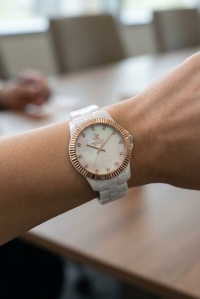 Beverly Hills Polo Club Beyaz Seramik Kadın Kol Saati | 36 mm Sedef Kadran