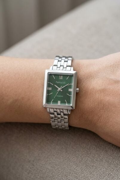 Ferrucci Gümüş Kare Kasa Kadın Kol Saati | 30 mm Çelik Kordon, Yeşil Kadran