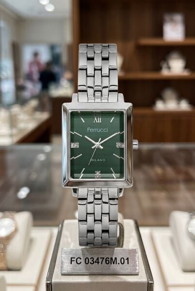 Ferrucci Gümüş Kare Kasa Kadın Kol Saati | 30 mm Çelik Kordon, Yeşil Kadran
