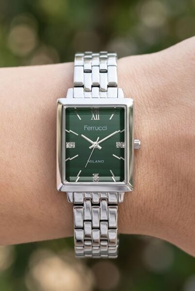 Ferrucci Gümüş Kare Kasa Kadın Kol Saati | 30 mm Çelik Kordon, Yeşil Kadran