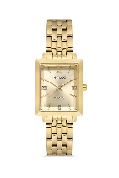 Ferrucci Altın Kare Kasa Kadın Kol Saati | 30 mm Çelik Kordon, Altın Kadran