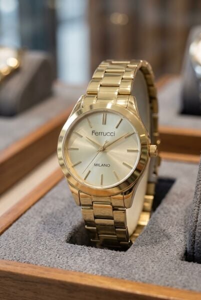 Ferrucci Altın Kadın Kol Saati | 34 mm Çelik Kordon, Altın Kadran ile Tarzını Tamamla
