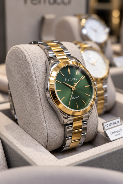 Ferrucci Gümüş-Altın Kadın Kol Saati | 34 mm Çelik Kordon, Yeşil Kadran