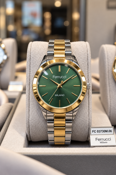 Ferrucci Gümüş-Altın Kadın Kol Saati | 34 mm Çelik Kordon, Yeşil Kadran