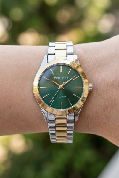 Ferrucci Gümüş-Altın Kadın Kol Saati | 34 mm Çelik Kordon, Yeşil Kadran