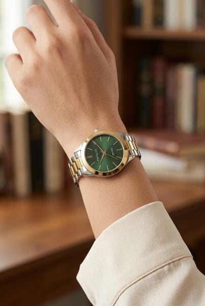Ferrucci Gümüş-Altın Kadın Kol Saati | 34 mm Çelik Kordon, Yeşil Kadran