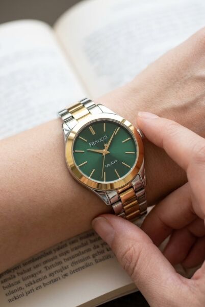 Ferrucci Gümüş-Altın Kadın Kol Saati | 34 mm Çelik Kordon, Yeşil Kadran