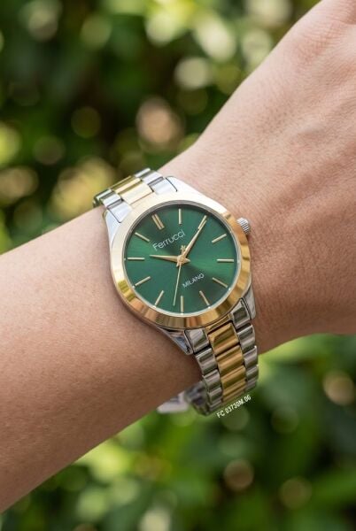 Ferrucci Gümüş-Altın Kadın Kol Saati | 34 mm Çelik Kordon, Yeşil Kadran