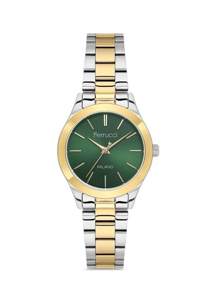 Ferrucci Gümüş-Altın Kadın Kol Saati | 34 mm Çelik Kordon, Yeşil Kadran