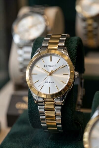 Ferrucci Şık ve Modern Kadın Kol Saati | 34 mm İki Renk Çelik Kordon, Gümüş Kadran