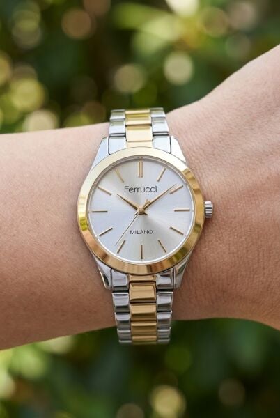 Ferrucci Şık ve Modern Kadın Kol Saati | 34 mm İki Renk Çelik Kordon, Gümüş Kadran