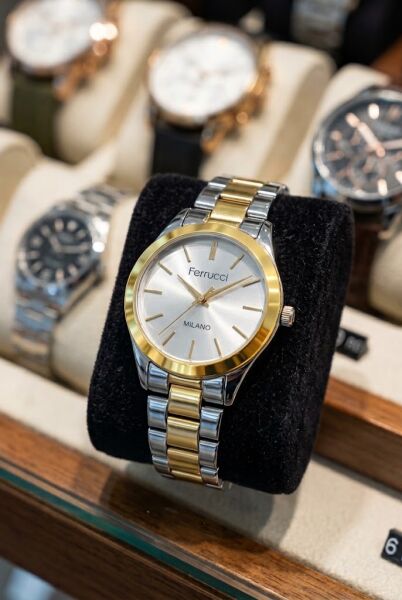 Ferrucci Şık ve Modern Kadın Kol Saati | 34 mm İki Renk Çelik Kordon, Gümüş Kadran