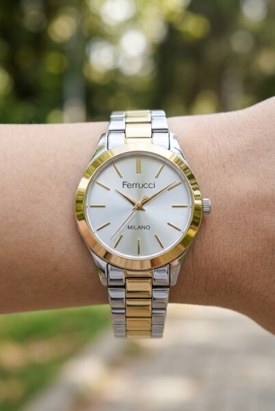 Ferrucci Şık ve Modern Kadın Kol Saati | 34 mm İki Renk Çelik Kordon, Gümüş Kadran