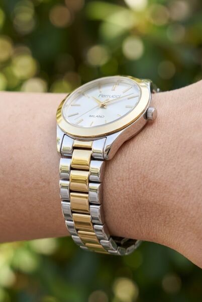 Ferrucci Şık ve Modern Kadın Kol Saati | 34 mm İki Renk Çelik Kordon, Gümüş Kadran
