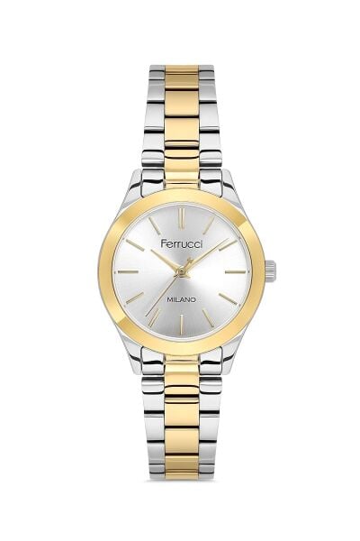 Ferrucci Şık ve Modern Kadın Kol Saati | 34 mm İki Renk Çelik Kordon, Gümüş Kadran