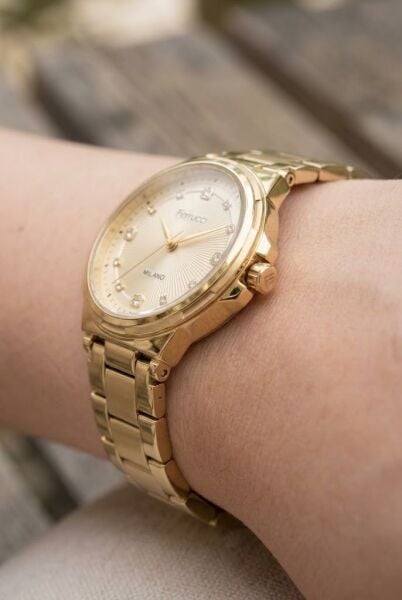 Ferrucci Lüks Görünümlü Altın Kadın Kol Saati | 34 mm Çelik Kordon, Taş Detaylı Kadran