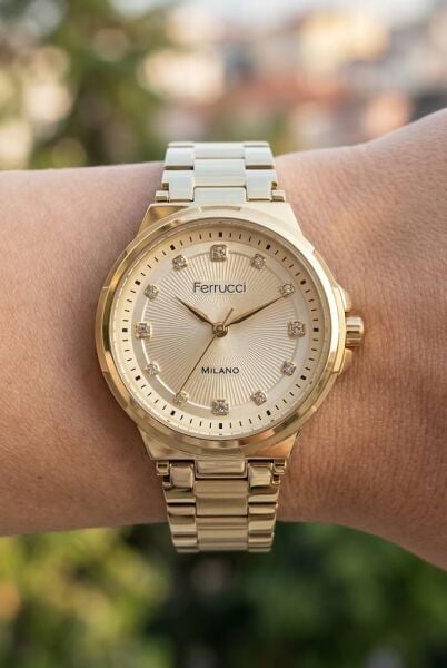 Ferrucci Lüks Görünümlü Altın Kadın Kol Saati | 34 mm Çelik Kordon, Taş Detaylı Kadran